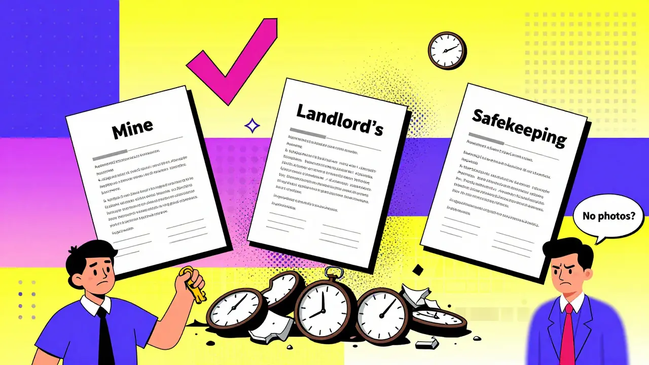 Три копии акта парят в воздухе, один лист светится, другие разрушаются, рядом — ключ и исчезающий арендодатель.