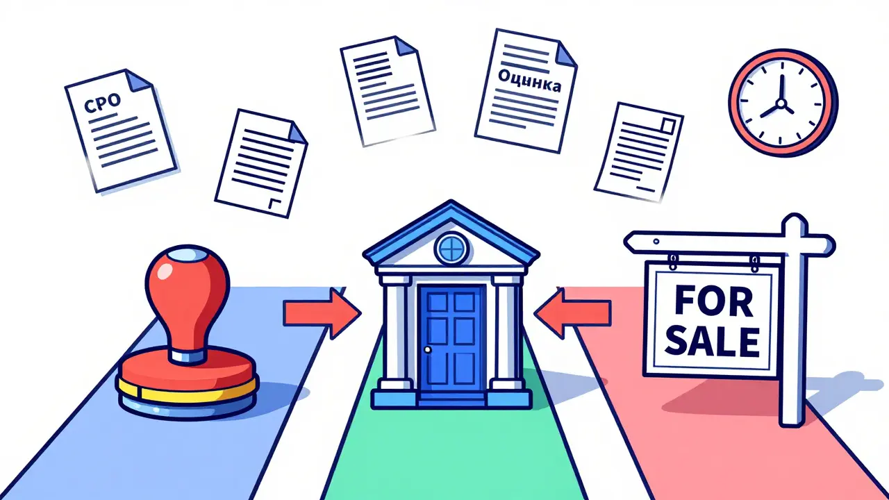 Три пути после оценки квартиры: нотариус, суд и продажа, с элементами документов и часов.