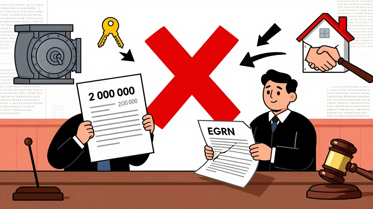 Юмористический суд с контрактом, где цена написана дважды, и разорванным выпиской из ЕГРН.