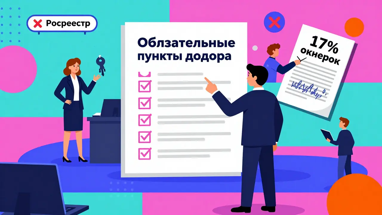 Юрист показывает чек-лист на стене, клиент подписывает договор с предупреждением об ошибках, яркие геометрические формы.