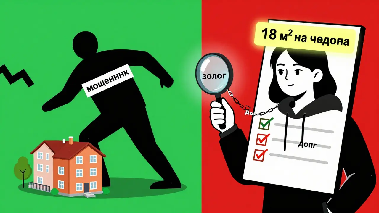 Женщина проверяет квартиру на обременения, а мошенник пытается унести её, на фоне правила 18 м² на человека.