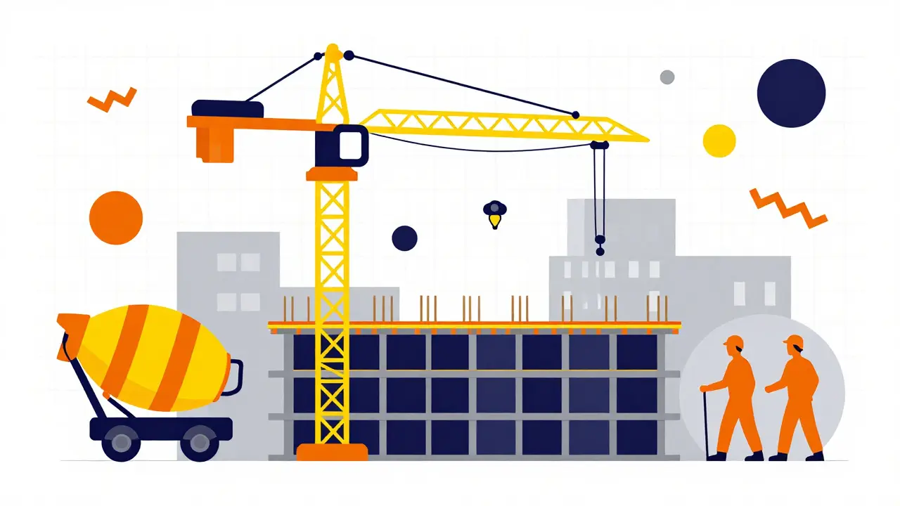 Активная стройплощадка с краном и рабочими в абстрактном стиле мемфис