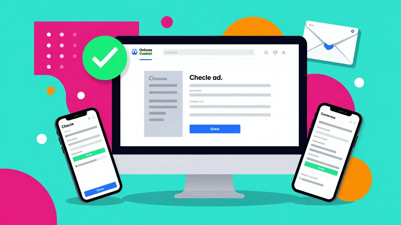 Цифровые устройства с галочкой подтверждения подачи декларации онлайн в стиле мемфис