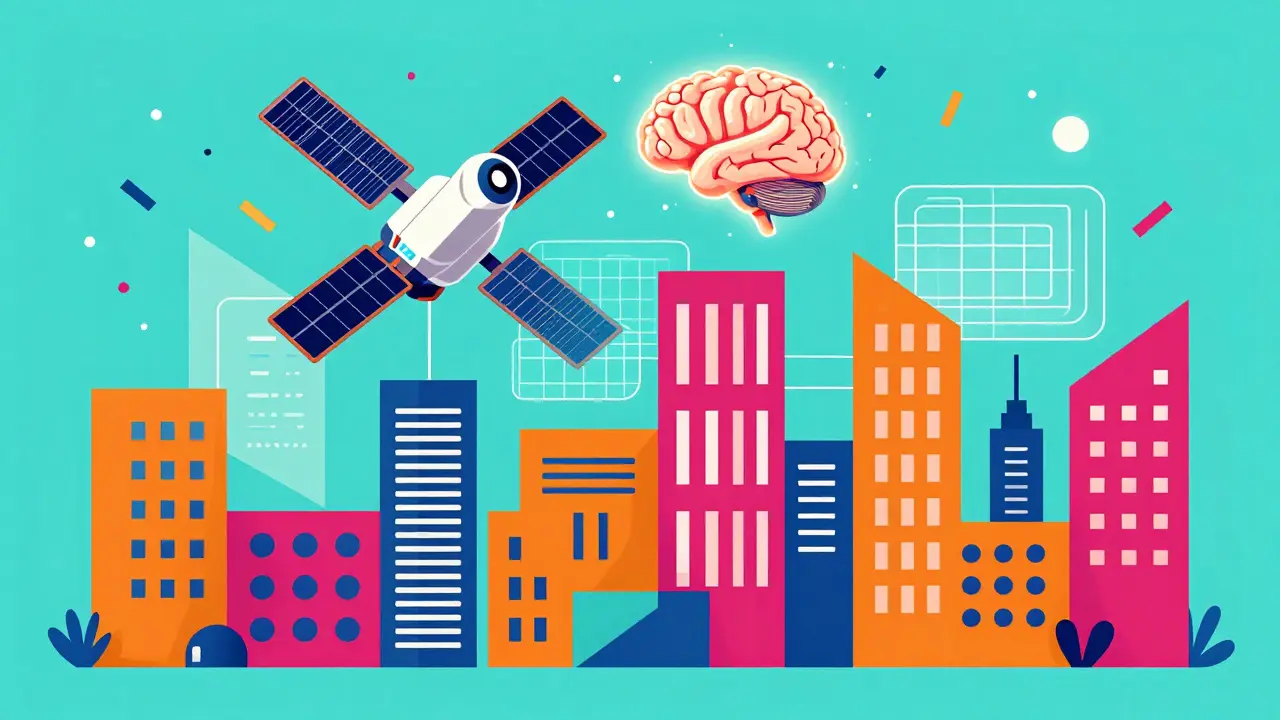 Футуристичный город с ИИ и спутником в стиле Мемфис