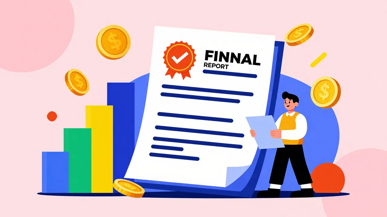 Готовый отчет об оценке недвижимости с символами прибыли в стиле Мемфис.