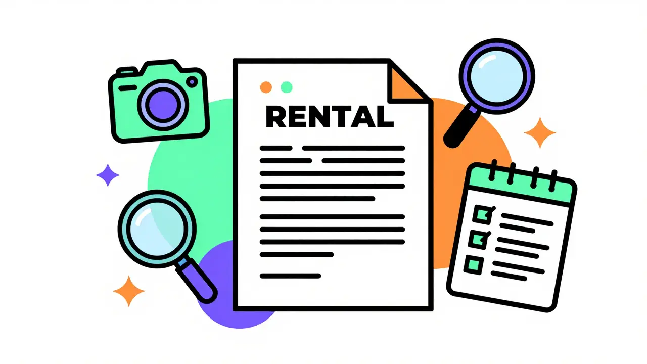 Иллюстрация договора аренды и инструментов проверки комнаты в стиле мемфис