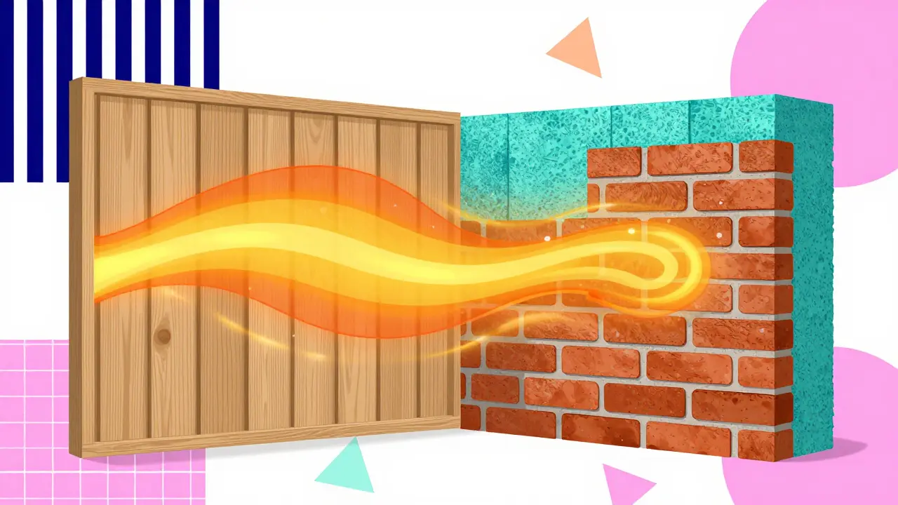 Иллюстрация теплопроводности дерева и кирпича с абстрактными фигурами