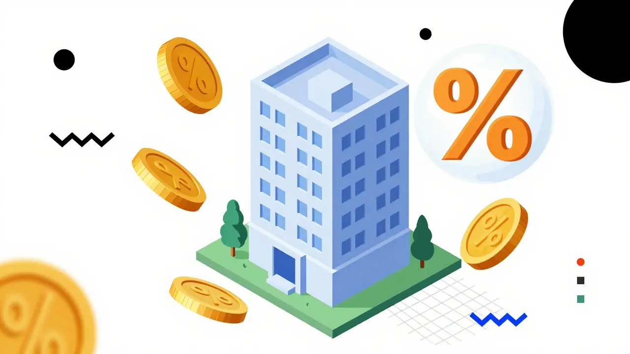 Изображение многоквартирного дома и золотых монет в стиле Мемфис, символизирующее долгосрочные инвестиции.