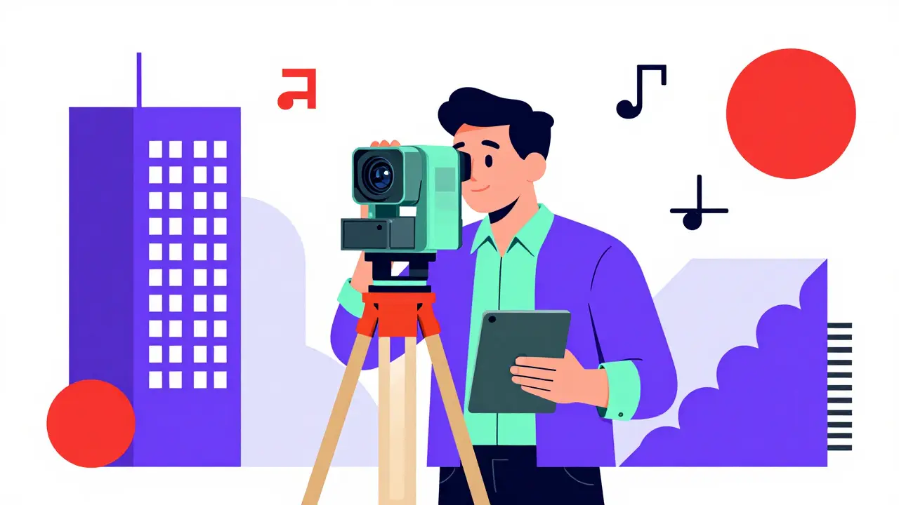 Кадастровый инженер с оборудованием в стиле мемфис