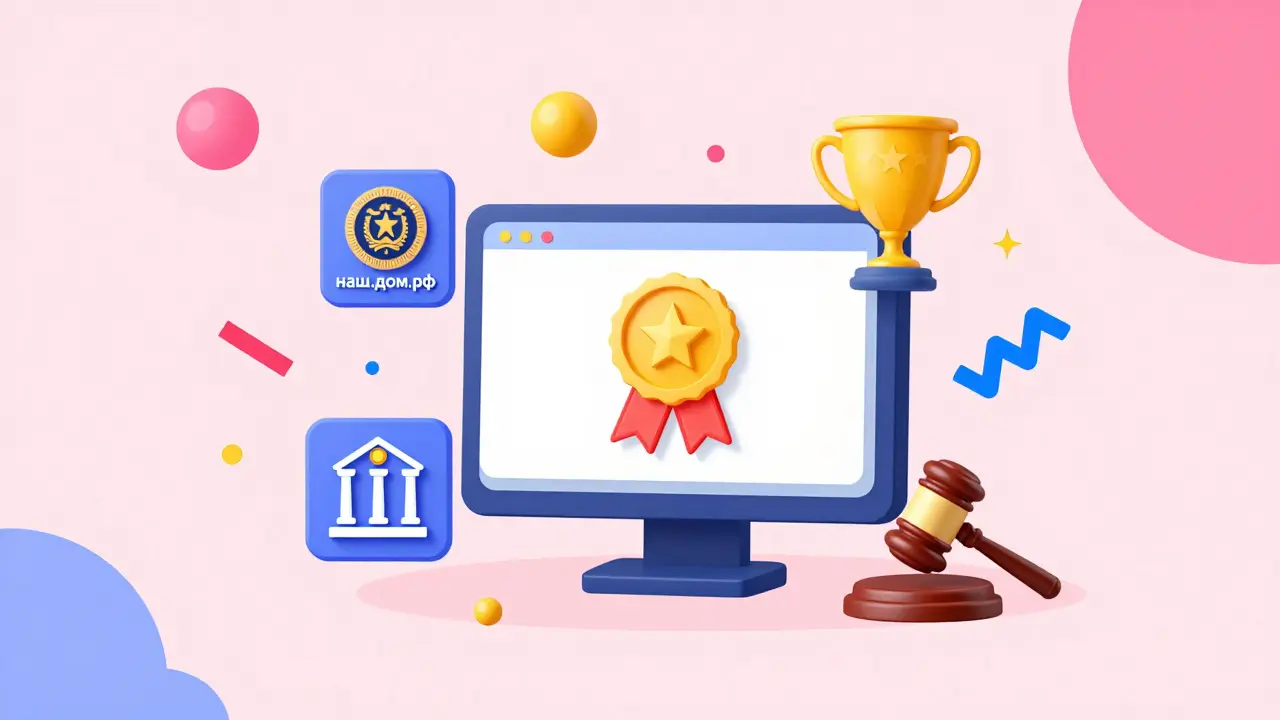 Компьютер с иконками проверки застройщика в стиле Мемфис