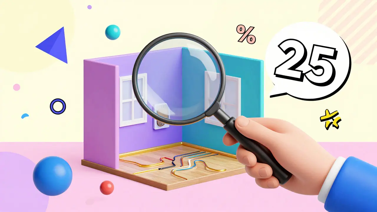 Оценщик с лупой изучает детали отделки квартиры среди ярких геометрических фигур