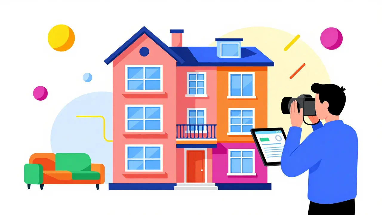 Осмотр квартиры оценщиком в ярком графическом стиле Мемфис.