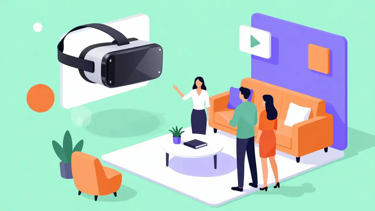 Процесс показа квартиры с элементами VR-тура в абстрактном стиле мемфис.