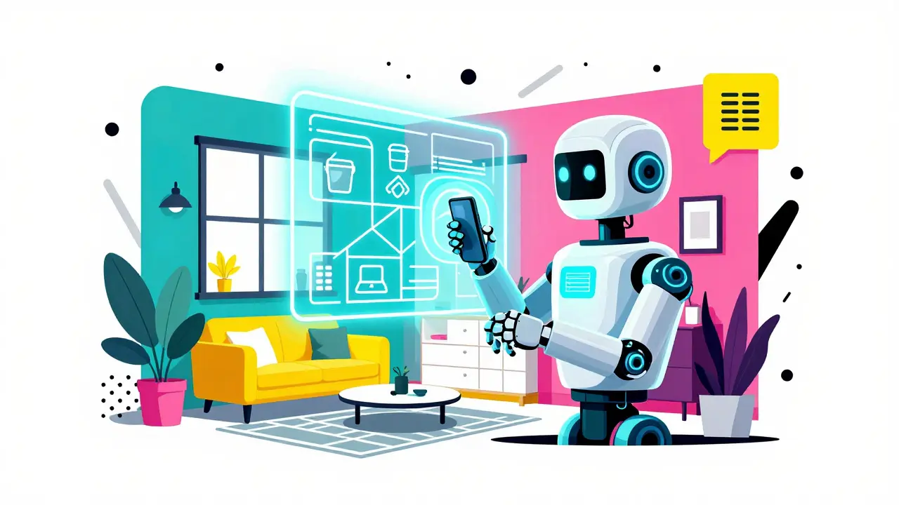 Робот с ИИ анализирует интерьер квартиры с помощью цифровых сеток и иконок