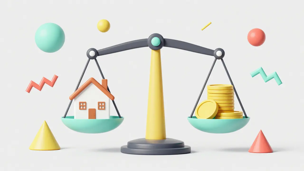 Стилизованные весы с домом и монетами, представляющие налоговые вычеты в дизайне мемфис