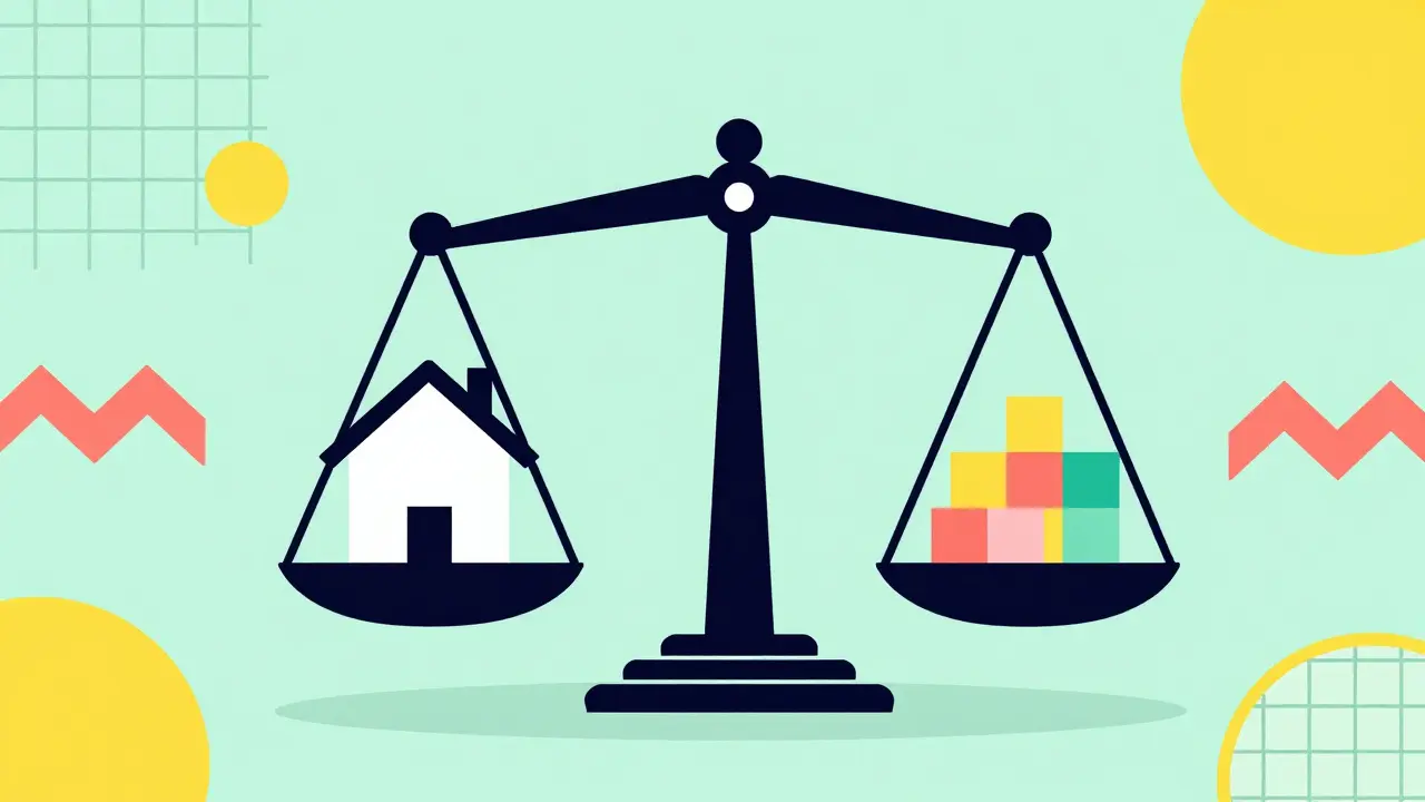 Стилизованные весы в стиле мемфис, балансирующие ипотечный платеж и семейный бюджет