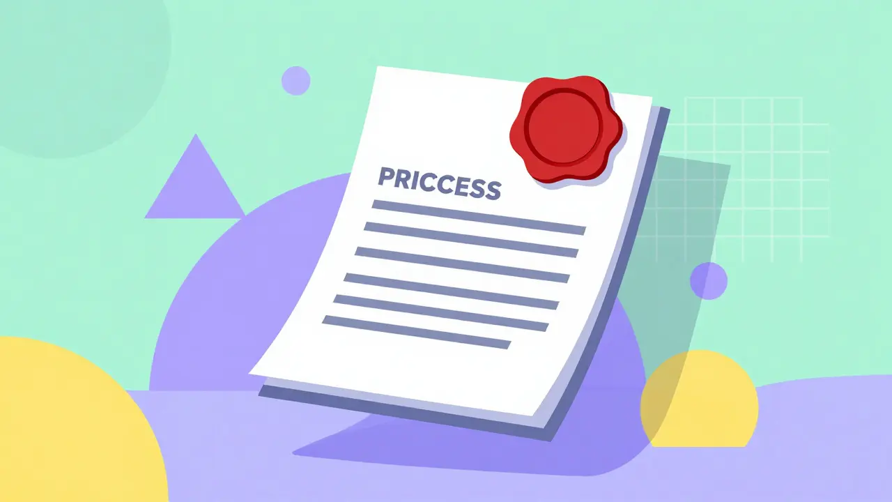 Стилизованный документ с печатью на фоне геометрических фигур в стиле Мемфис