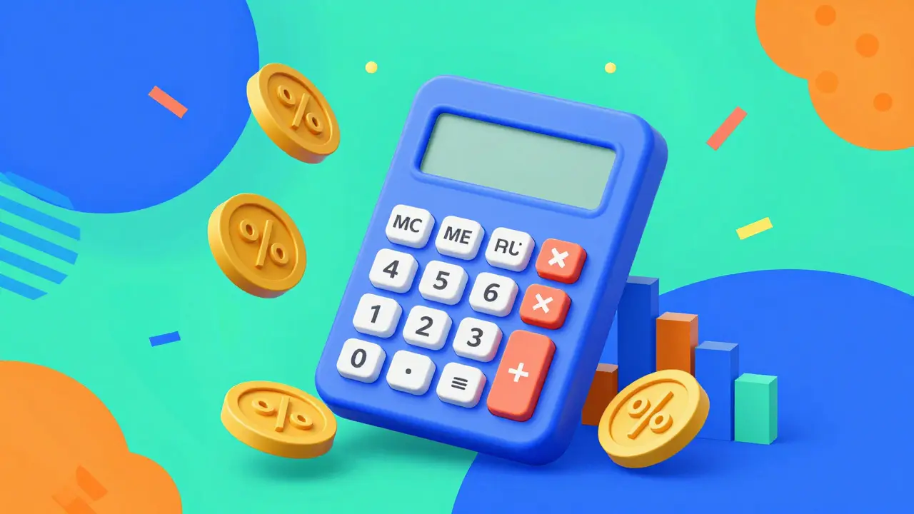 Стилизованный калькулятор с монетами и геометрическими фигурами