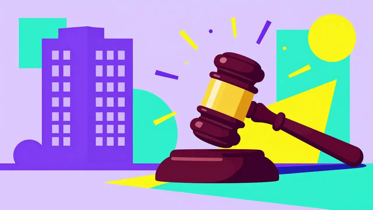 Судейский молоток и силуэт новостройки в ярком стиле мемфис