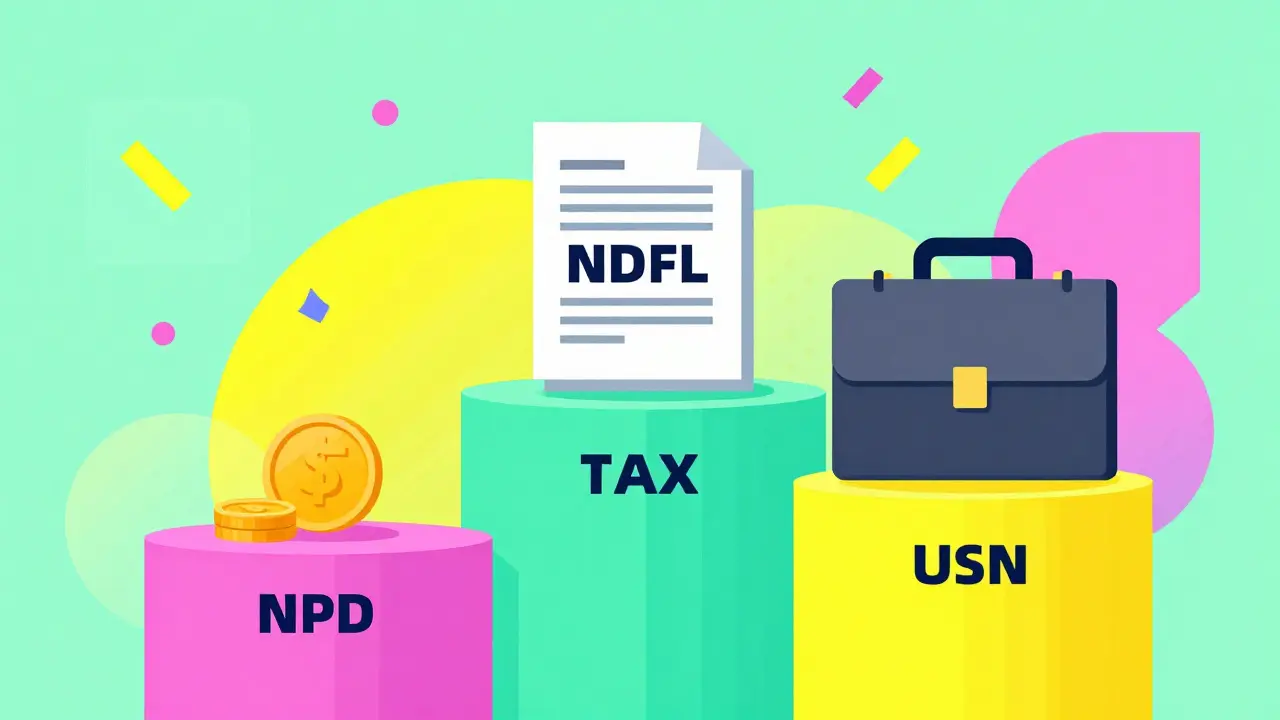 Три пьедестала с символами разных налоговых режимов в ярком стиле Мемфис.