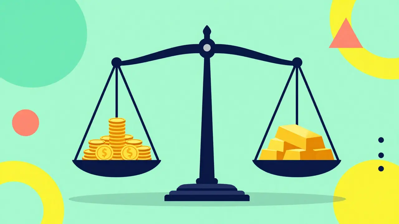 Весы с монетами и золотым слитком, символизирующие выбор между арендой и флиппингом.
