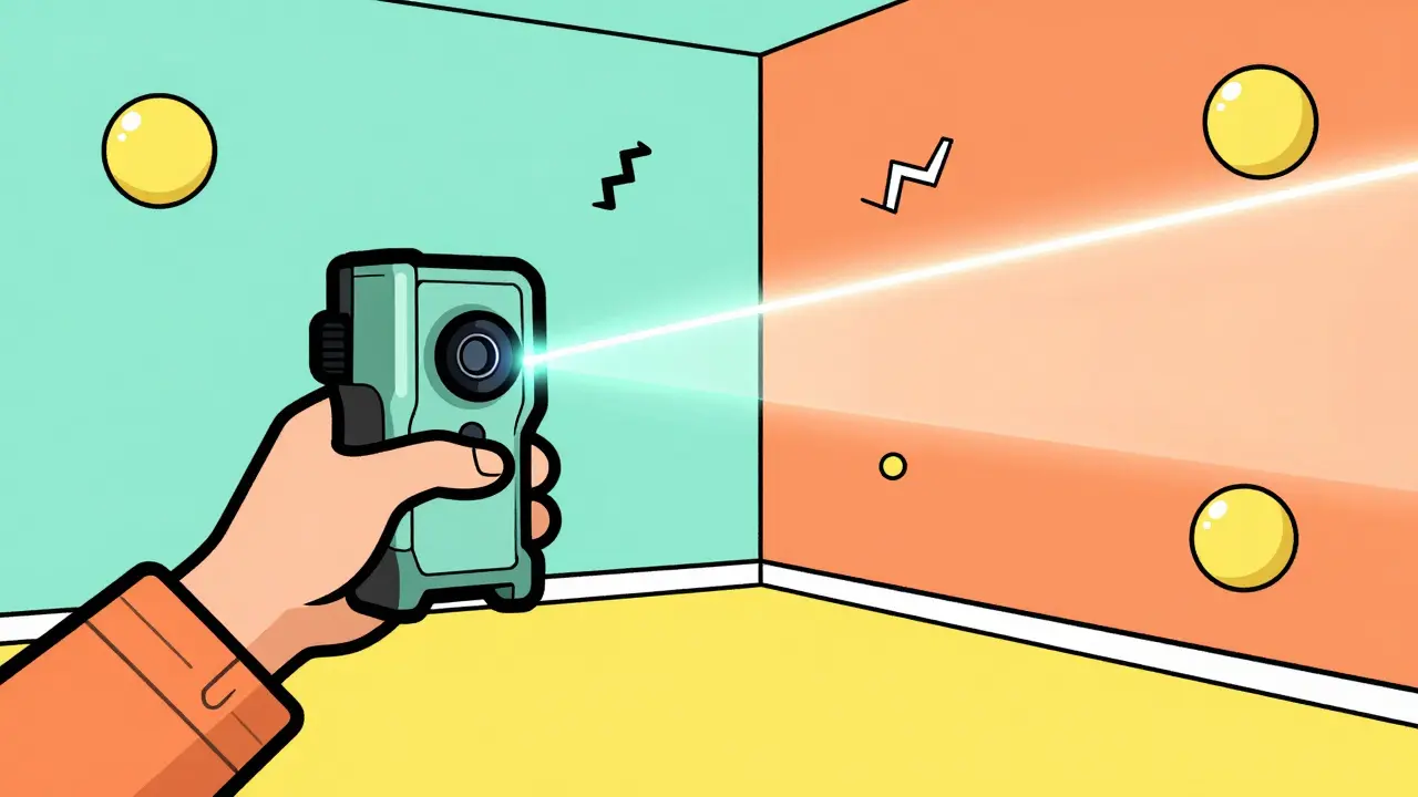 Замер комнаты лазерным дальномером в ярком иллюстративном стиле