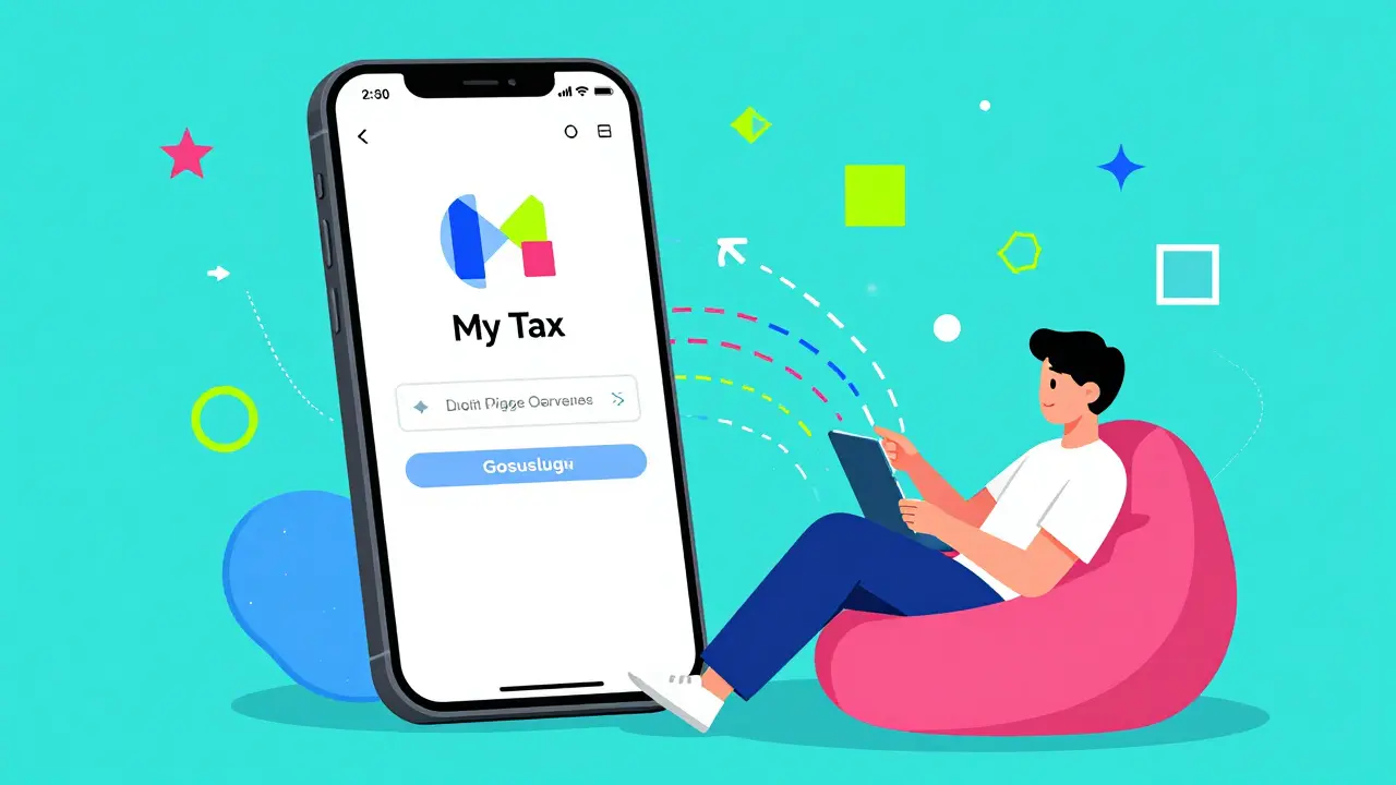 Цифровые сервисы и смартфон в ярком графическом стиле