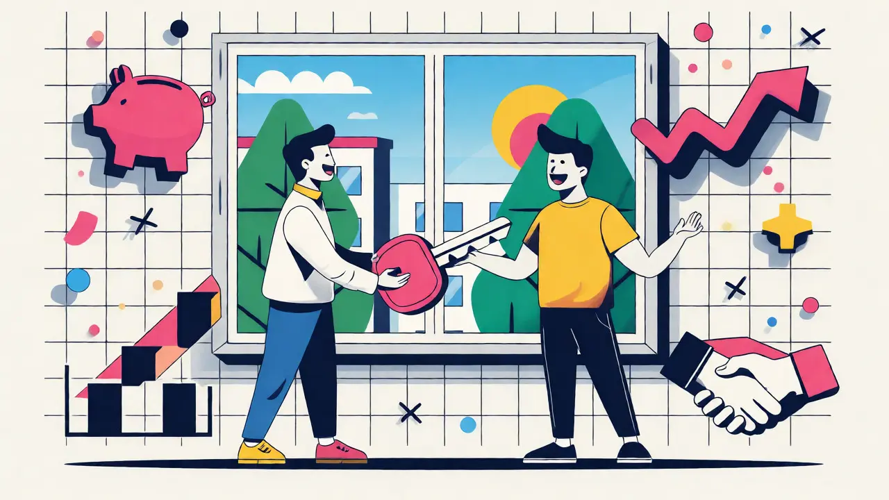 Передача ключей от квартиры покупателям на фоне абстрактных фигур