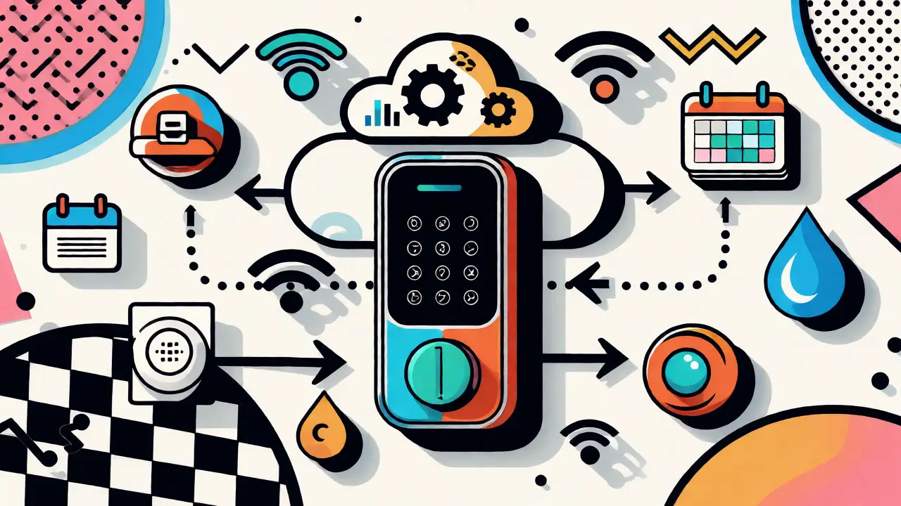 Стилизация умных замков и датчиков IoT с абстрактными элементами данных в ярком дизайне